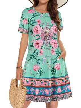 Women's Aquamarine Flower Short Sleeve Floral Sundress Beach Cover Mini Dress